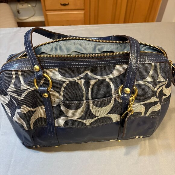 Coach Signature Stripe Barrel Satchel – Denim Blue & Navy Patent Leather - Picture 1 of 7